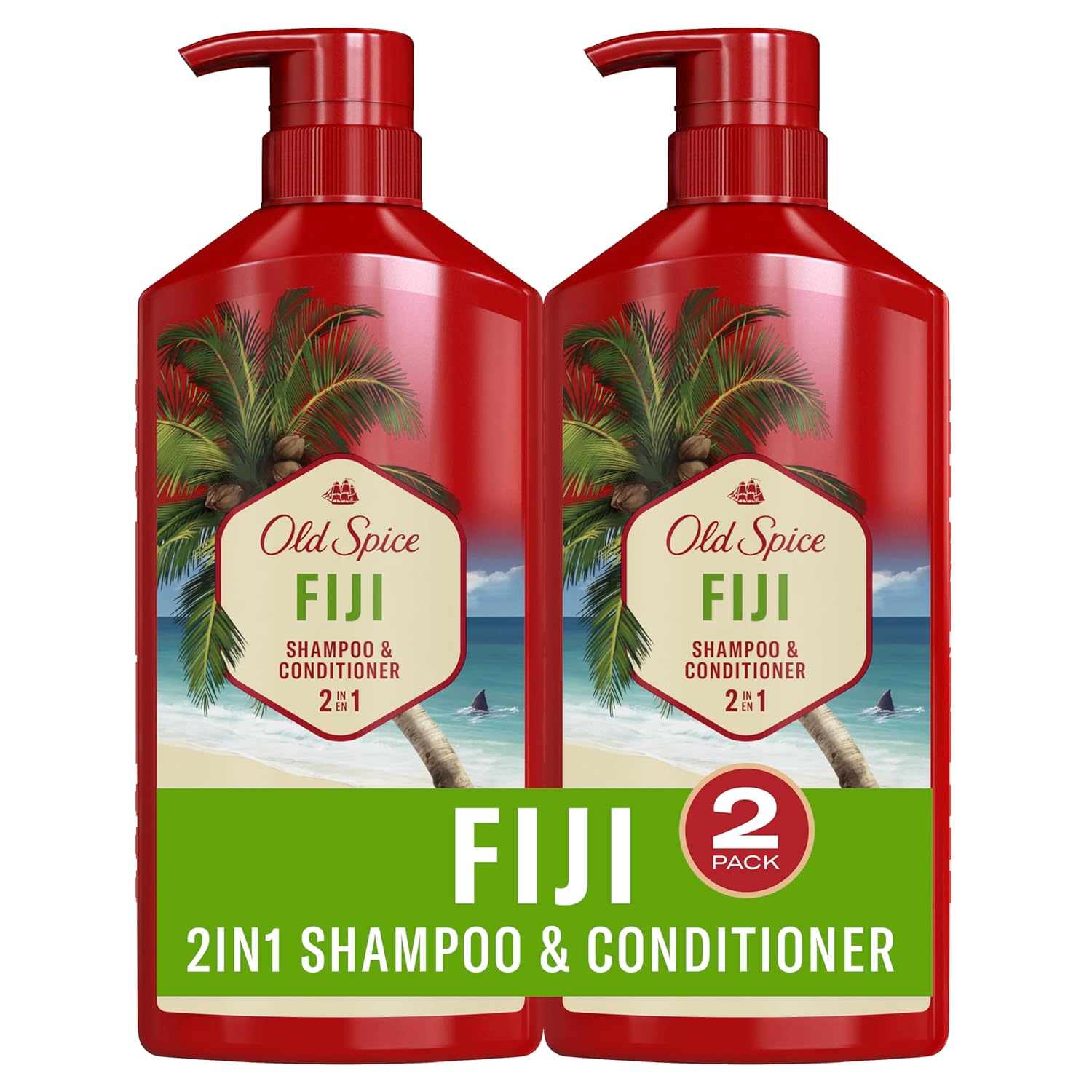 Old Spice Mens 2-in-1 Shampoo and Conditioner Set, Fiji, Coconut &amp; Tropical Wood Scent, For All Hair Types, Healthier, Fuller, Moisturized Looking Hair, 21.9 fl oz Each, Twin Pack