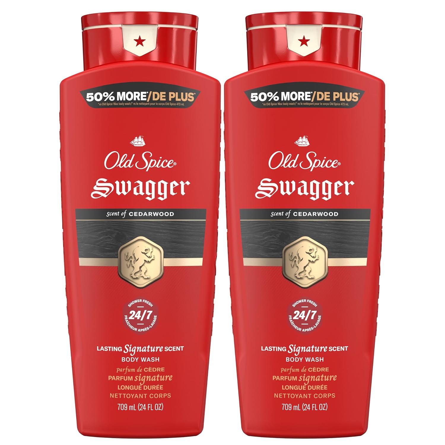 Old Spice Refreshing Body Wash for Men, 3X Defense, 24/7 Shower Fresh with Long Lasting Scent, Red Collection, Swagger with Cedarwood Scent, 24 oz (Pack of 2)