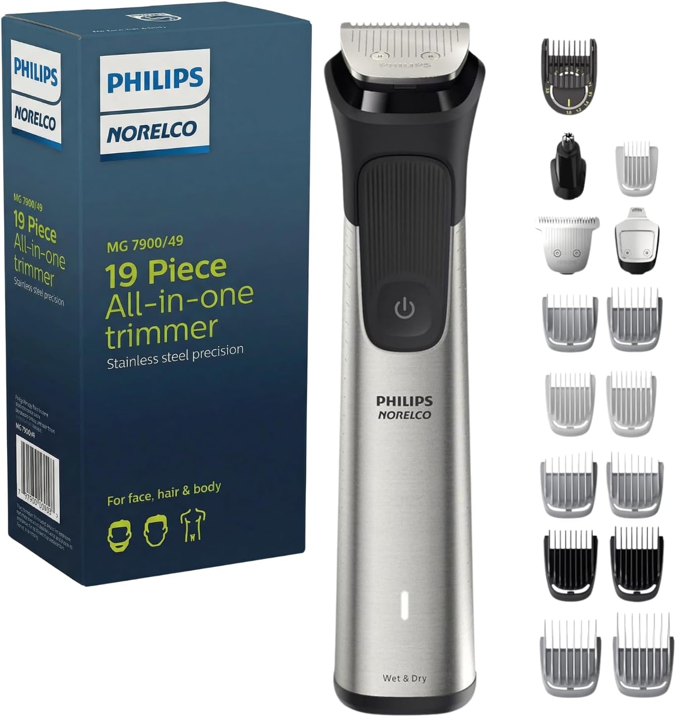 PHILIPS Multigroom 7000 Series 21 Piece Beard Trimmer for Men, Hair &amp; Body Grooming Kit, Precision Trimming Comb with Self-Sharpening Steel Blades, All-in-one Trimmer, Water Resistant
